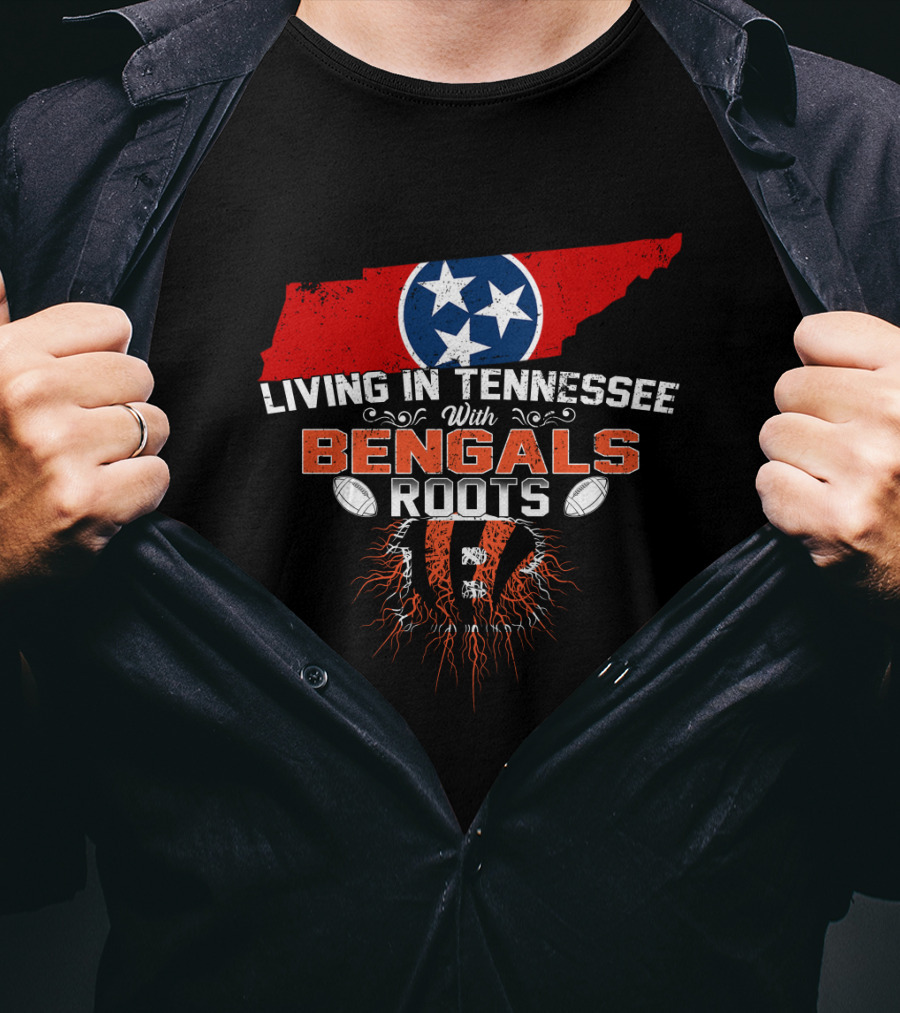 Living In Tennessee With Cincinnati Bengals Roots Football Fan Map T-Shirt