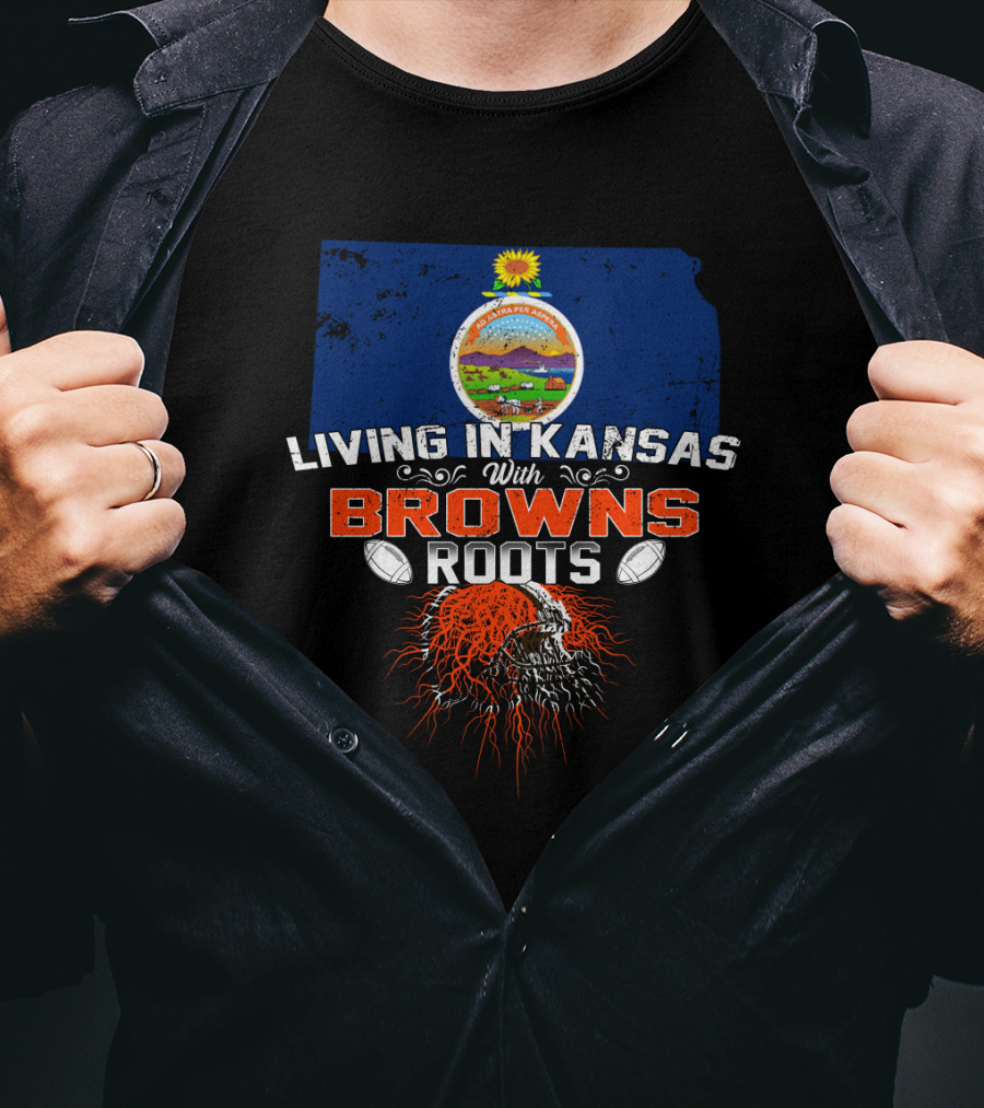 Living In Kansas With Browns Roots Kansas Map Football Helmet T-Shirt