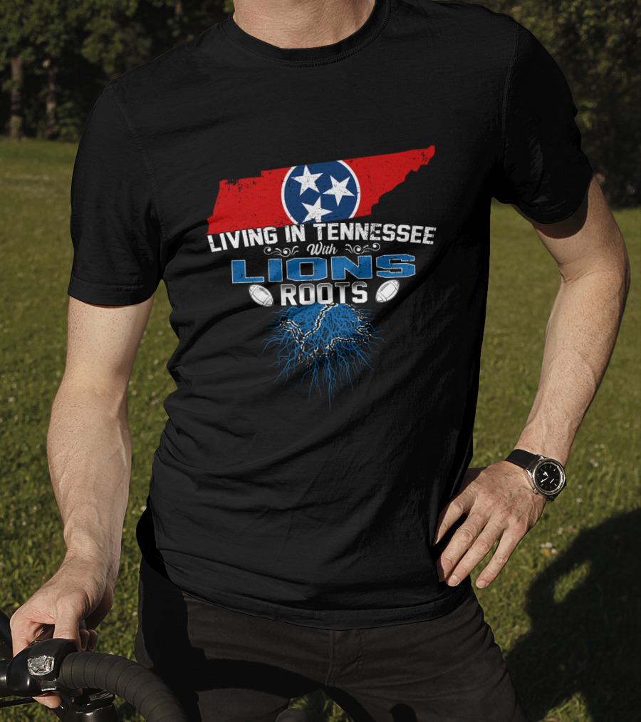Living In Tennessee With Lions Roots Featuring Tennessee Flag And Football Elements T-Shirt