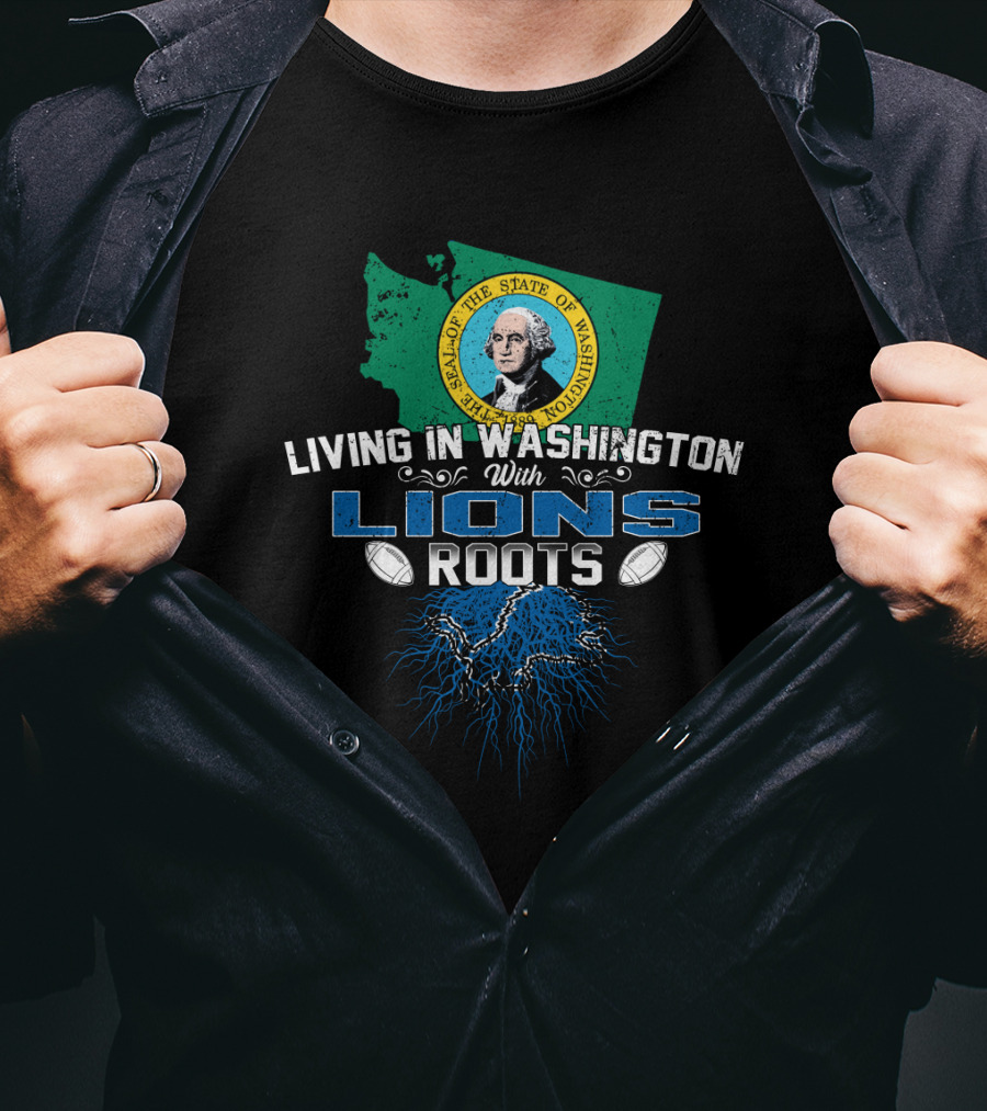 Living In Washington With Lions Roots Football State Map Seal T-Shirt
