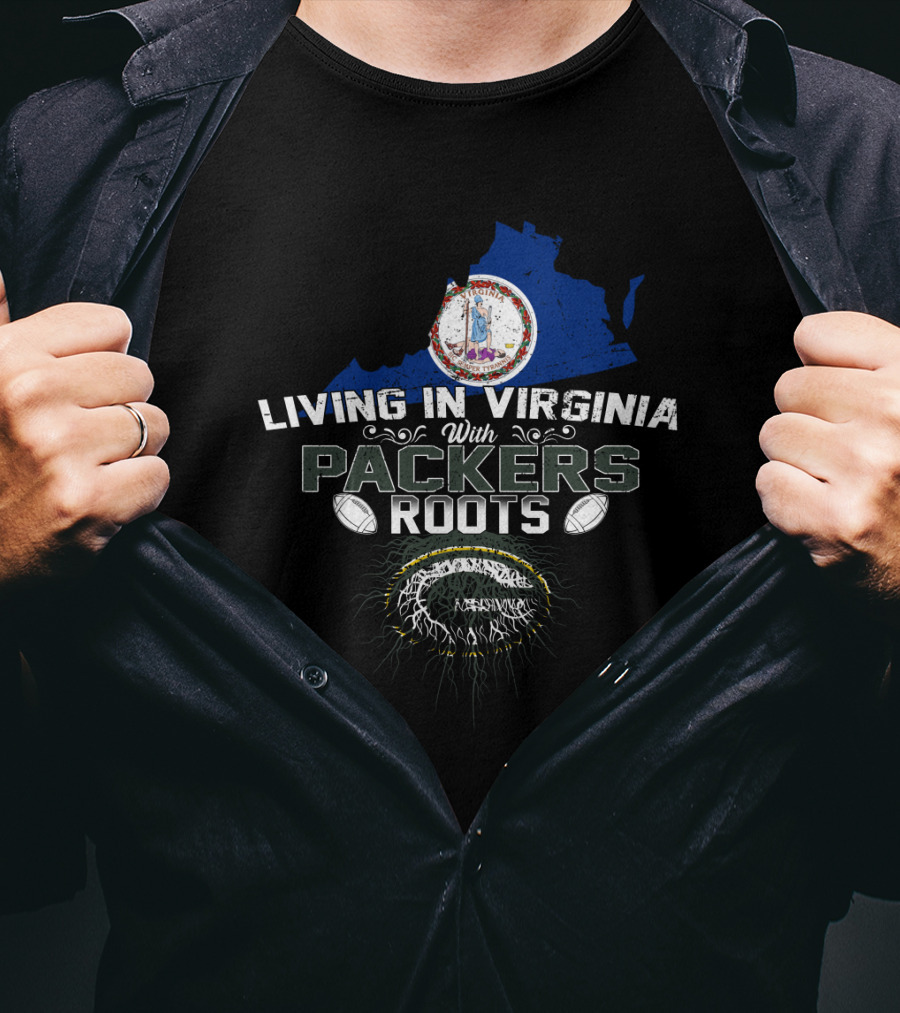 Living In Virginia With Packers Roots Virginia Map Logo Green And Gold Football T-Shirt