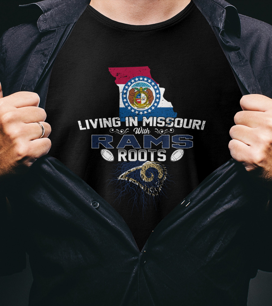 Living In Missouri With Rams Roots And State Seal Map T-Shirt