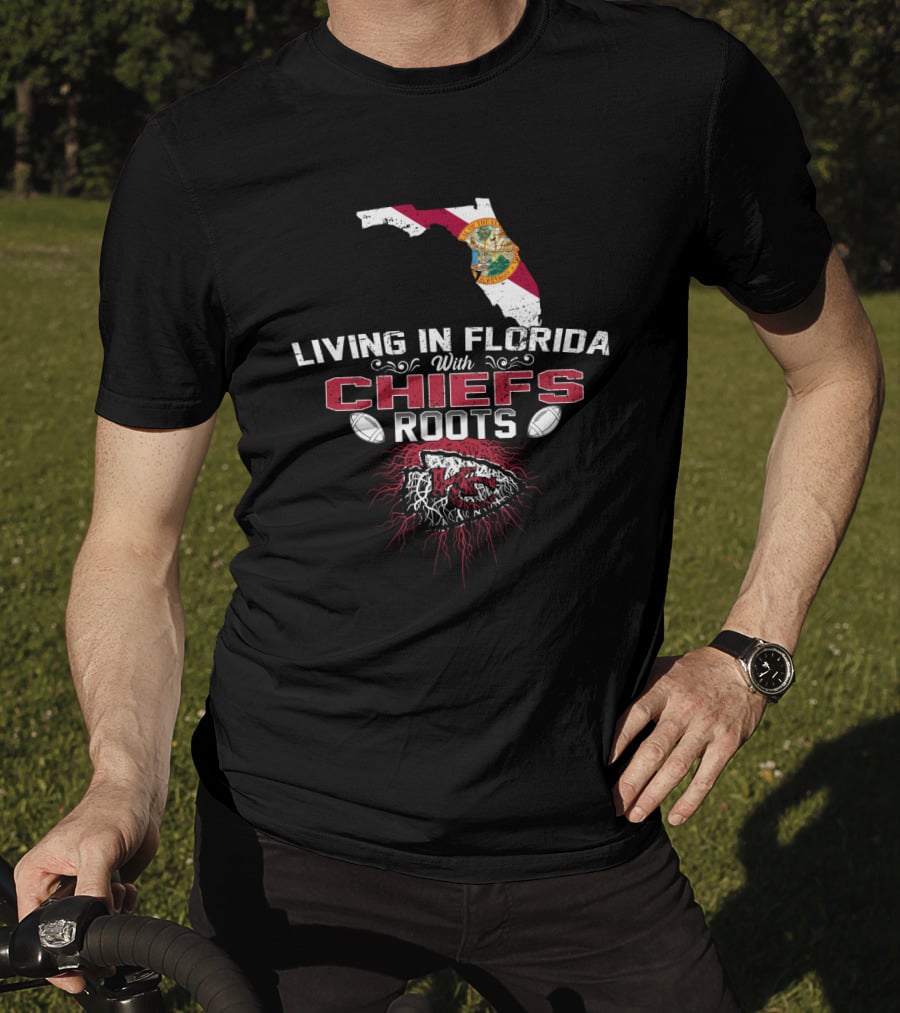 Living In Florida With Chiefs Roots Map And Football Elements T-Shirt