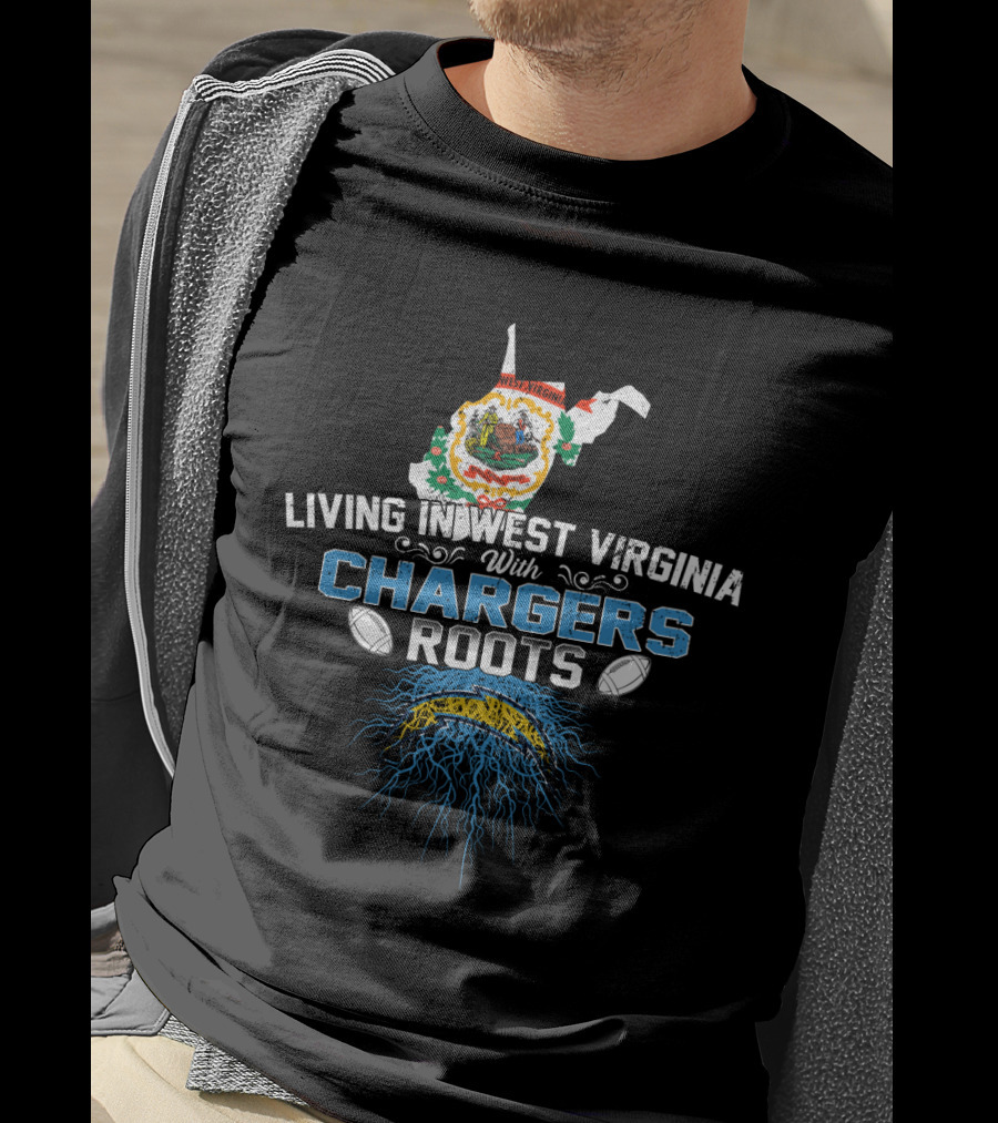 Living In West Virginia With Chargers Roots Map Design And Football Elements T-Shirt