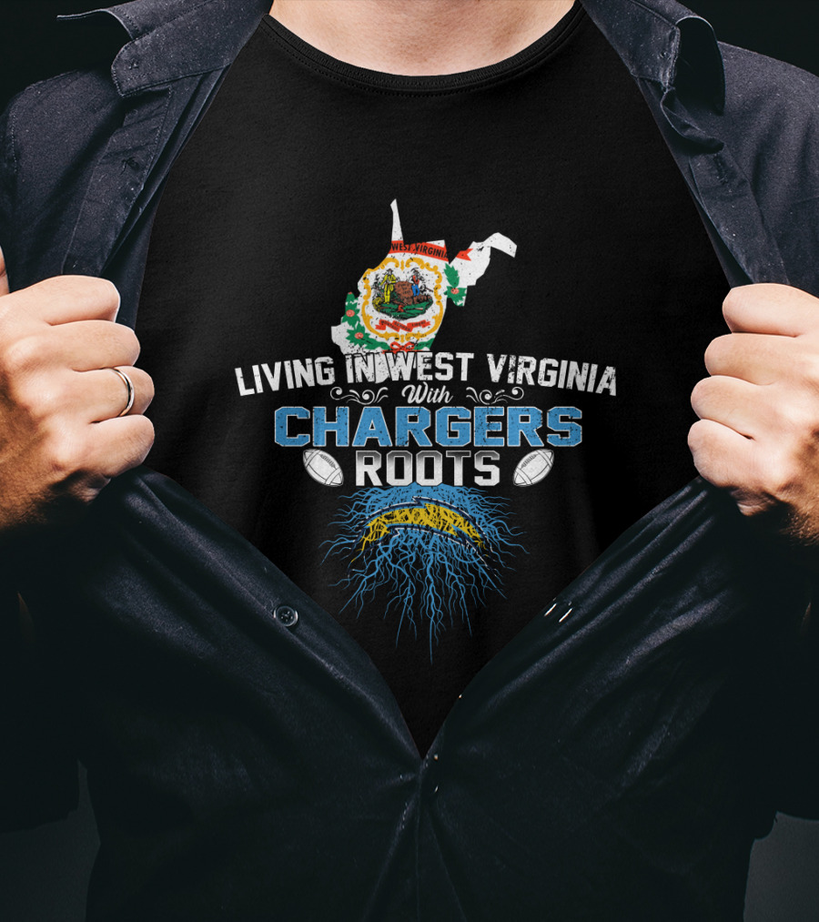 Living In West Virginia With Chargers Roots Map Design And Football Elements T-Shirt
