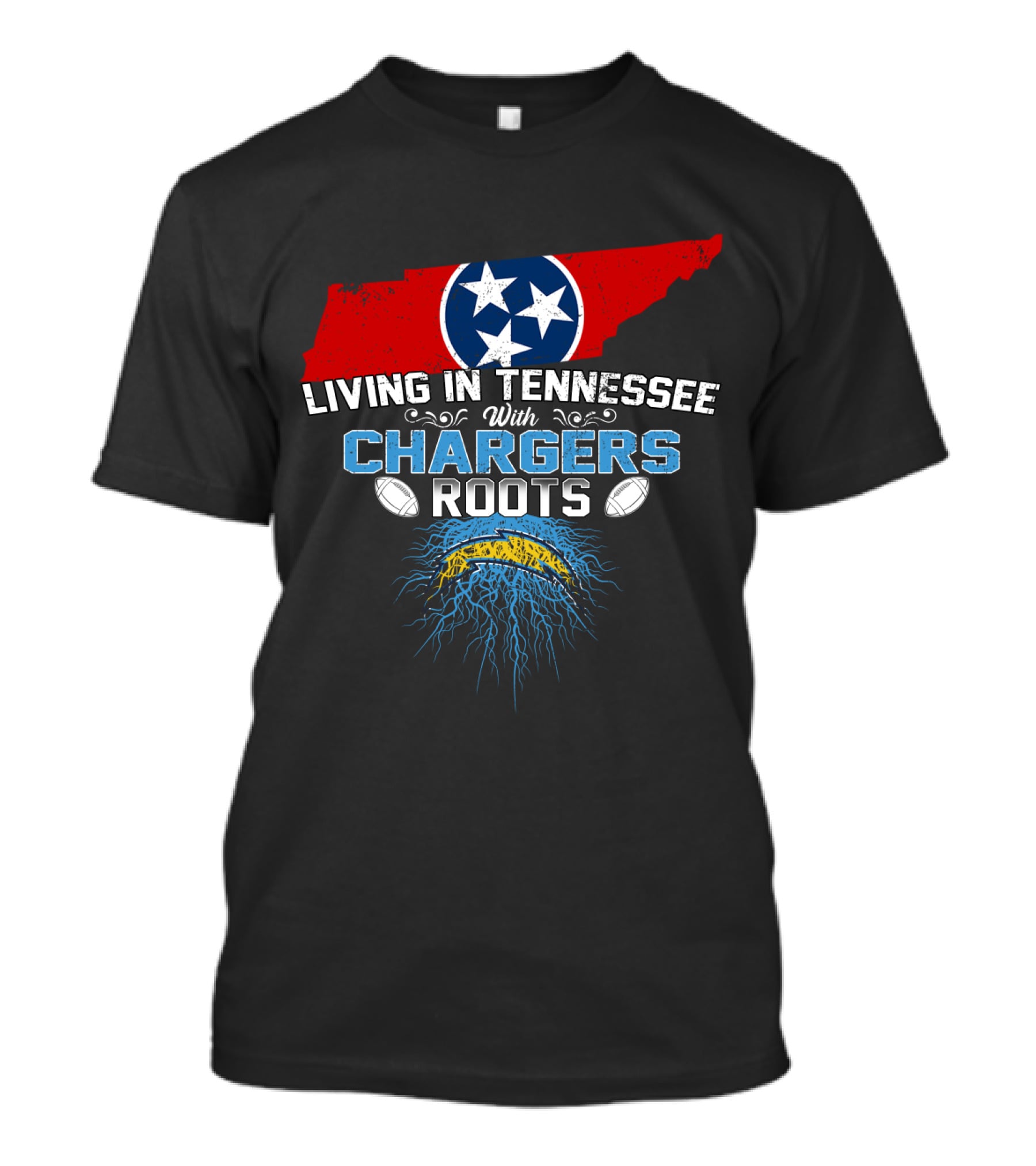 Living In Tennessee With Chargers Roots Tennessee Flag Football Theme Electric Bolt T-Shirt