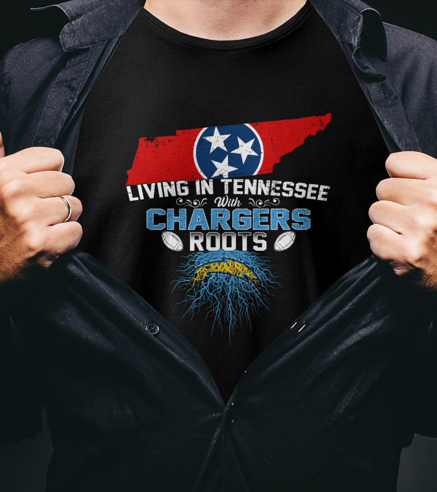 Living In Tennessee With Chargers Roots Tennessee Flag Football Theme Electric Bolt T-Shirt