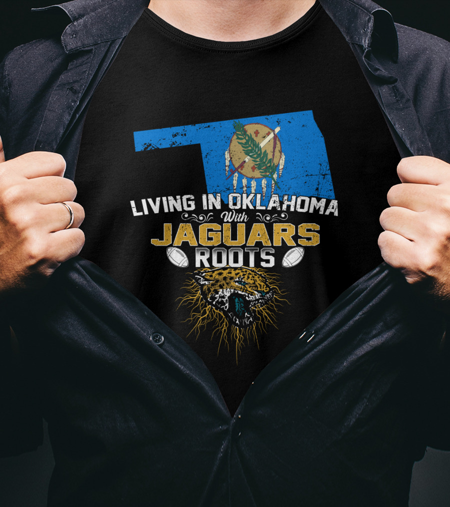 Living In Oklahoma With Jaguars Roots Map And Fierce Jaguar Emblem T-Shirt
