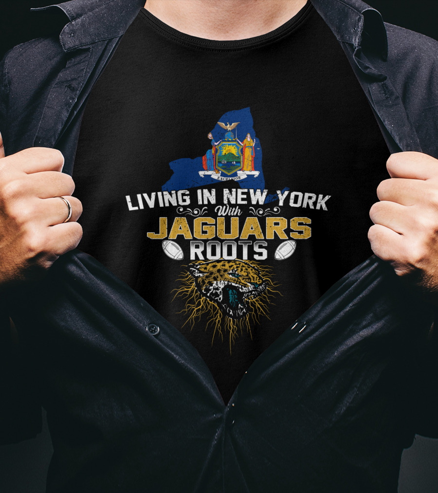 Living In New York With Jaguars Roots New York State Outline Jaguar Head Football Elements T-Shirt