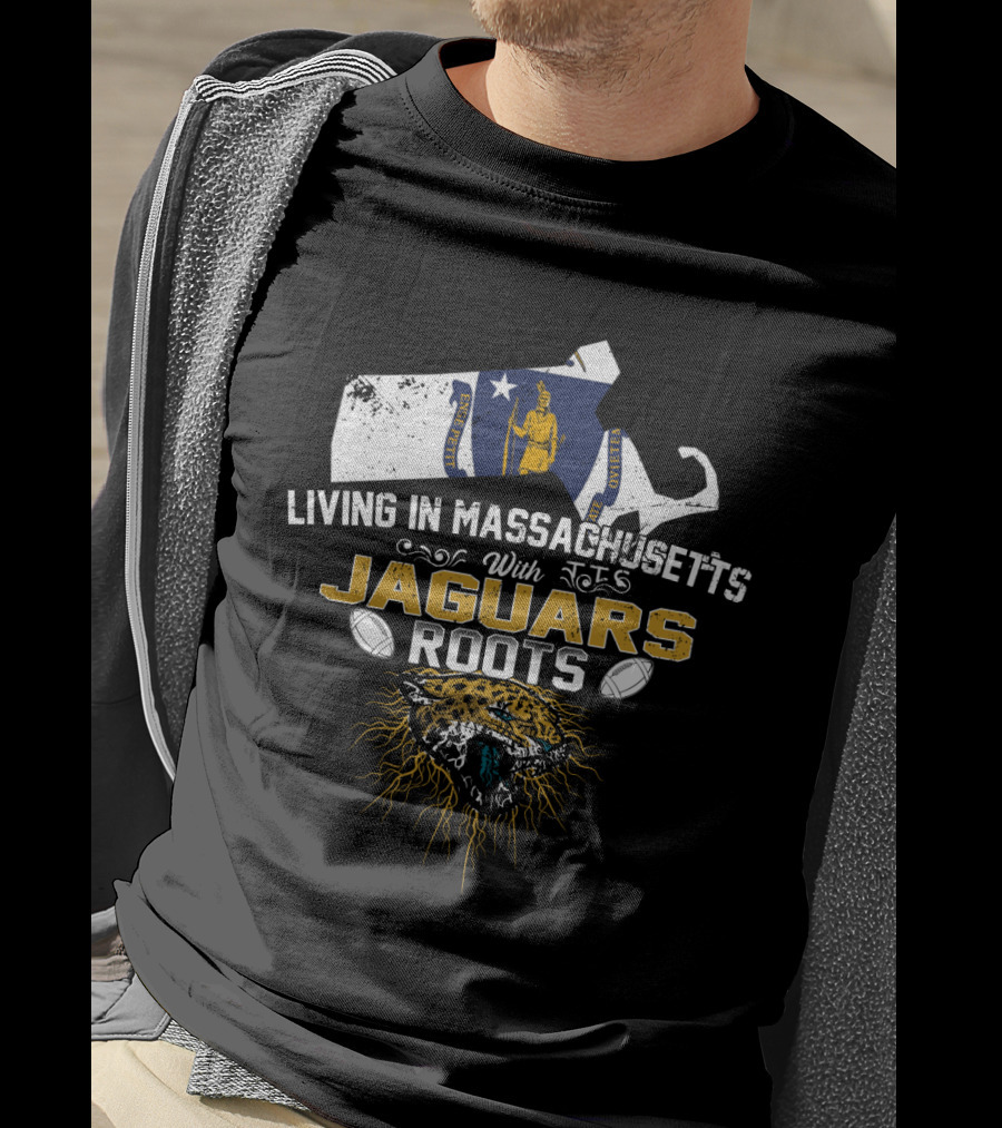 Living In Massachusetts With Jaguars Roots Massachusetts Flag And Jaguar Head T-Shirt