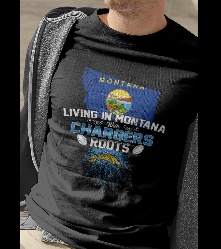 Living In Montana With Chargers Roots Montana State Map And Football Elements T-Shirt