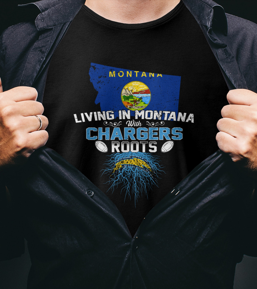 Living In Montana With Chargers Roots Montana State Map And Football Elements T-Shirt