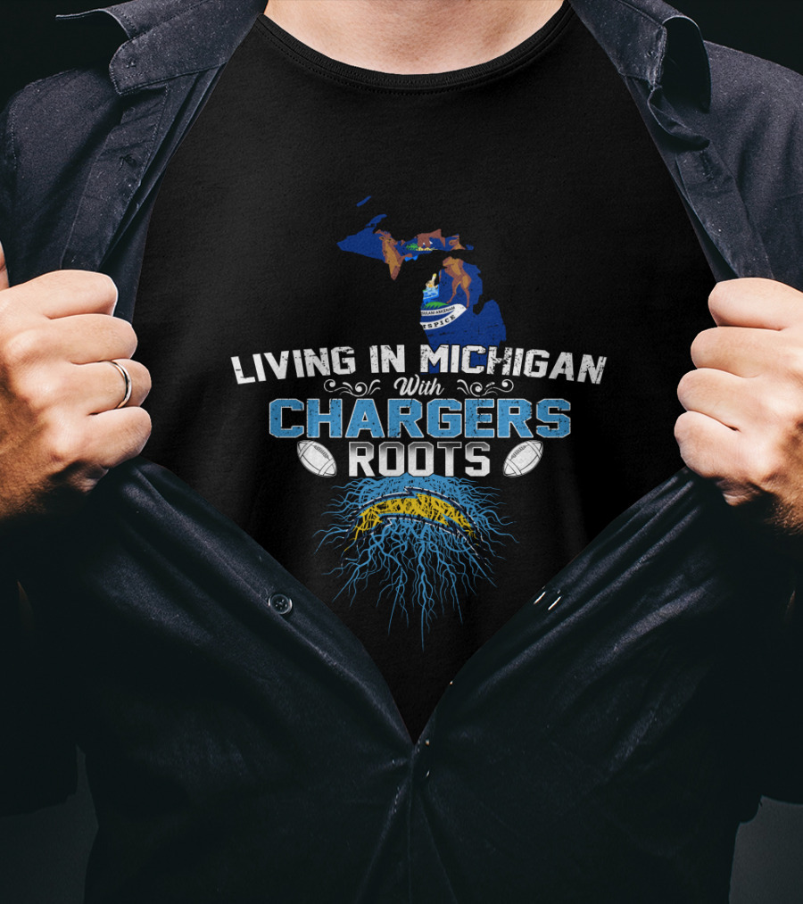 Living In Michigan Proudly Showing Chargers Heritage With Iconic Football T-Shirt