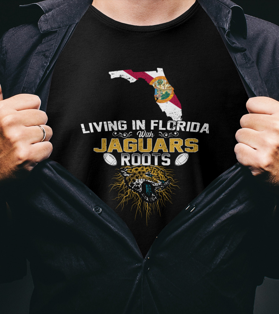 Living In Florida With Jaguars Roots Florida Map And Jaguar Head T-Shirt