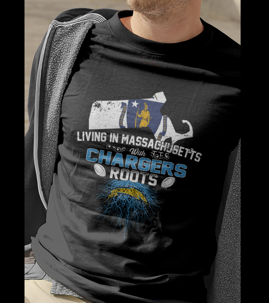 Living In Massachusetts With Chargers Roots And State Outline T-Shirt