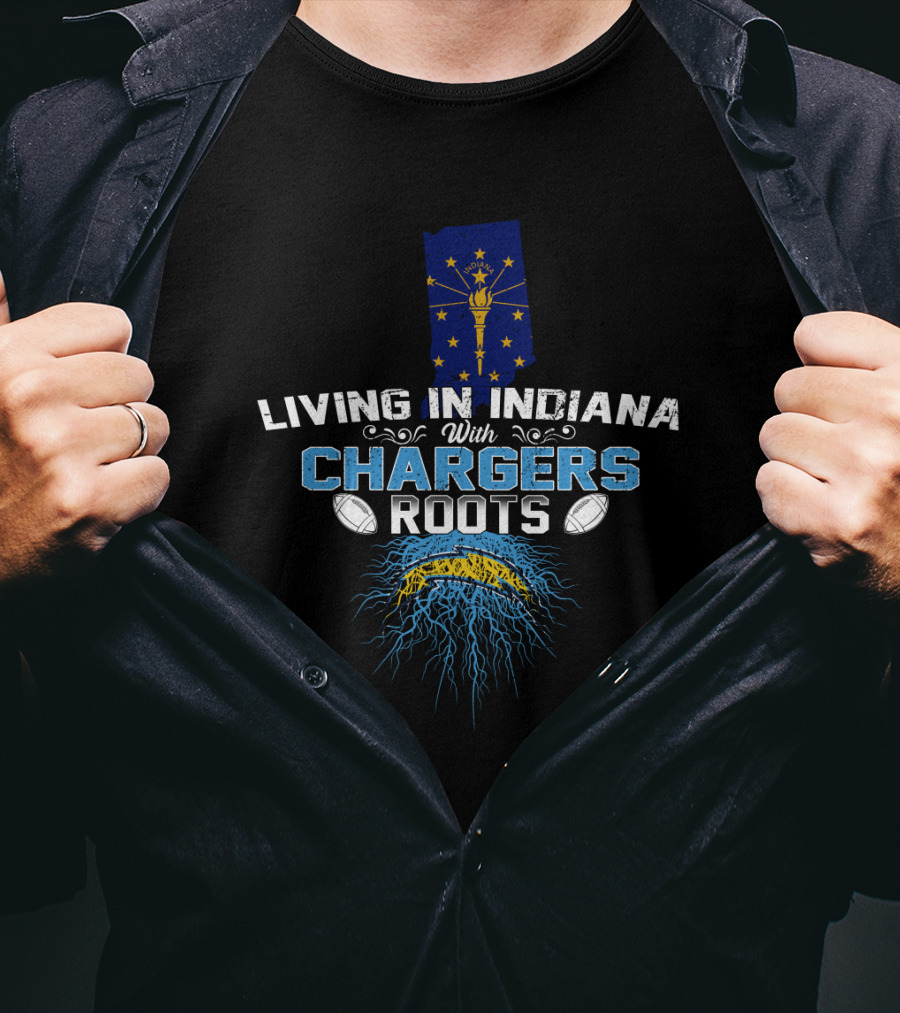 Living In Indiana With Chargers Roots Indiana State Flag Football Helmet Roots T-Shirt