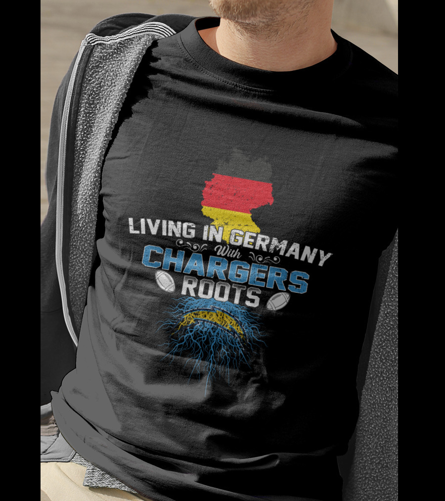 Living In Germany With Chargers Roots Map Flag Football Lightning T-Shirt