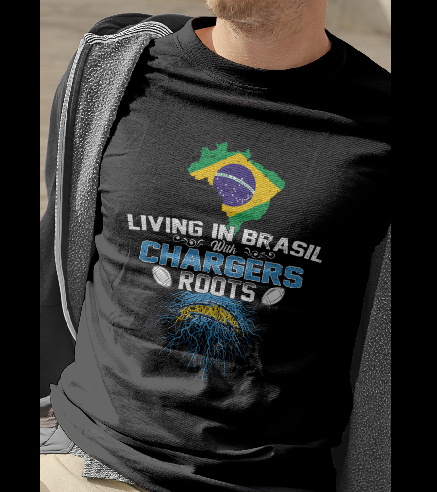 Living In Brasil With Chargers Roots Brazil Map Flag And Football Elements T-Shirt