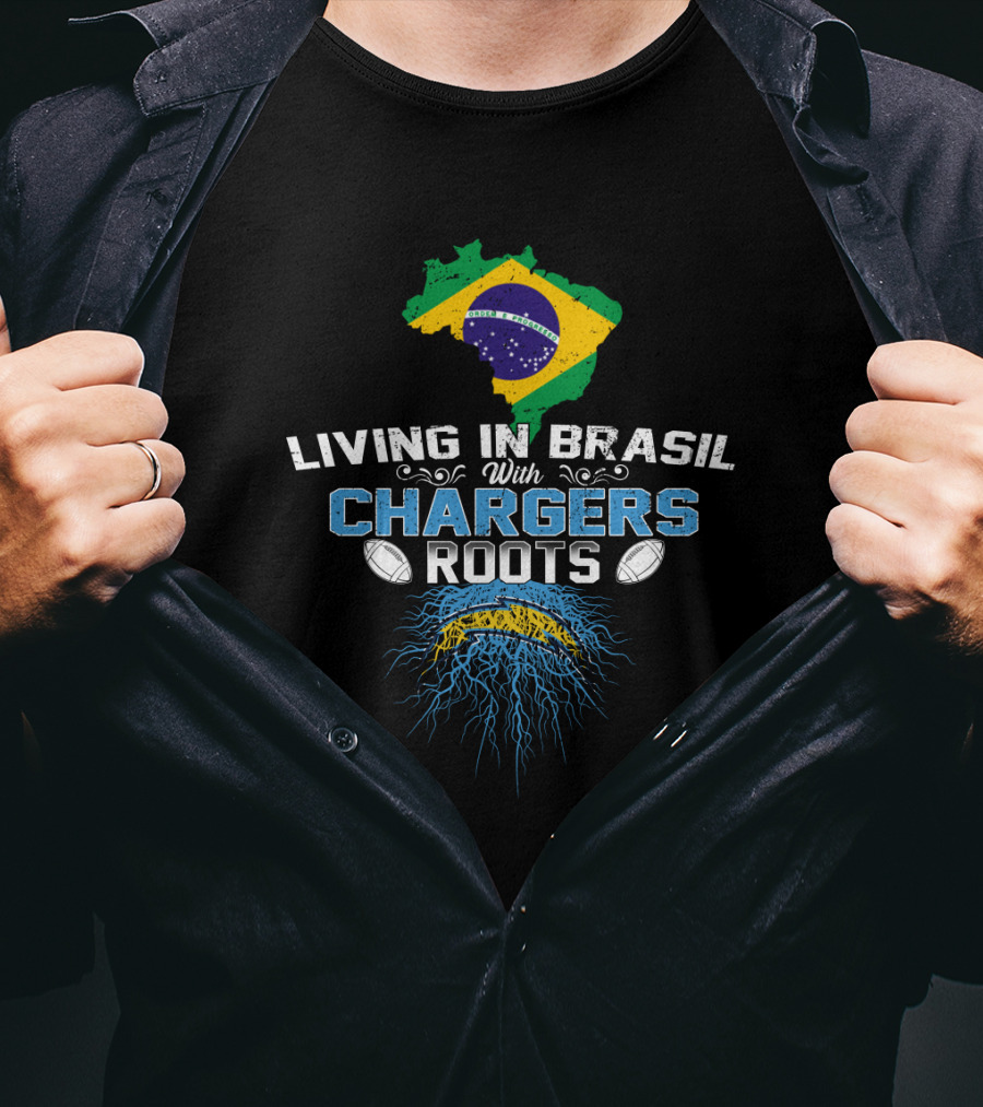 Living In Brasil With Chargers Roots Brazil Map Flag And Football Elements T-Shirt