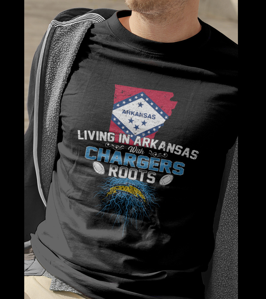 Living In Arkansas With Chargers Roots Arkansas Map And Flag Football Fan T-Shirt
