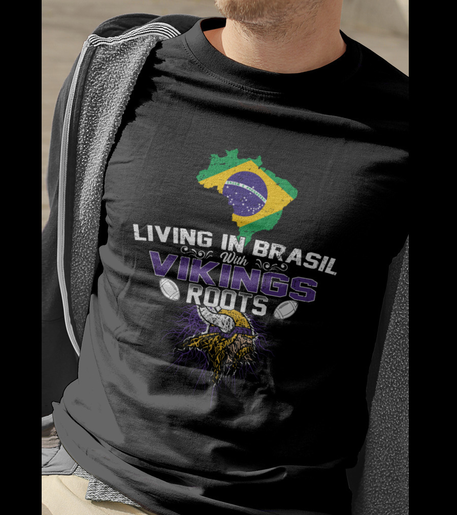 Living In Brasil With Vikings Roots Map And Viking Helmet With Footballs T-Shirt