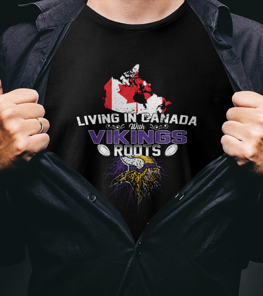 Living In Canada With Vikings Roots Map And Horned Helmet T-Shirt