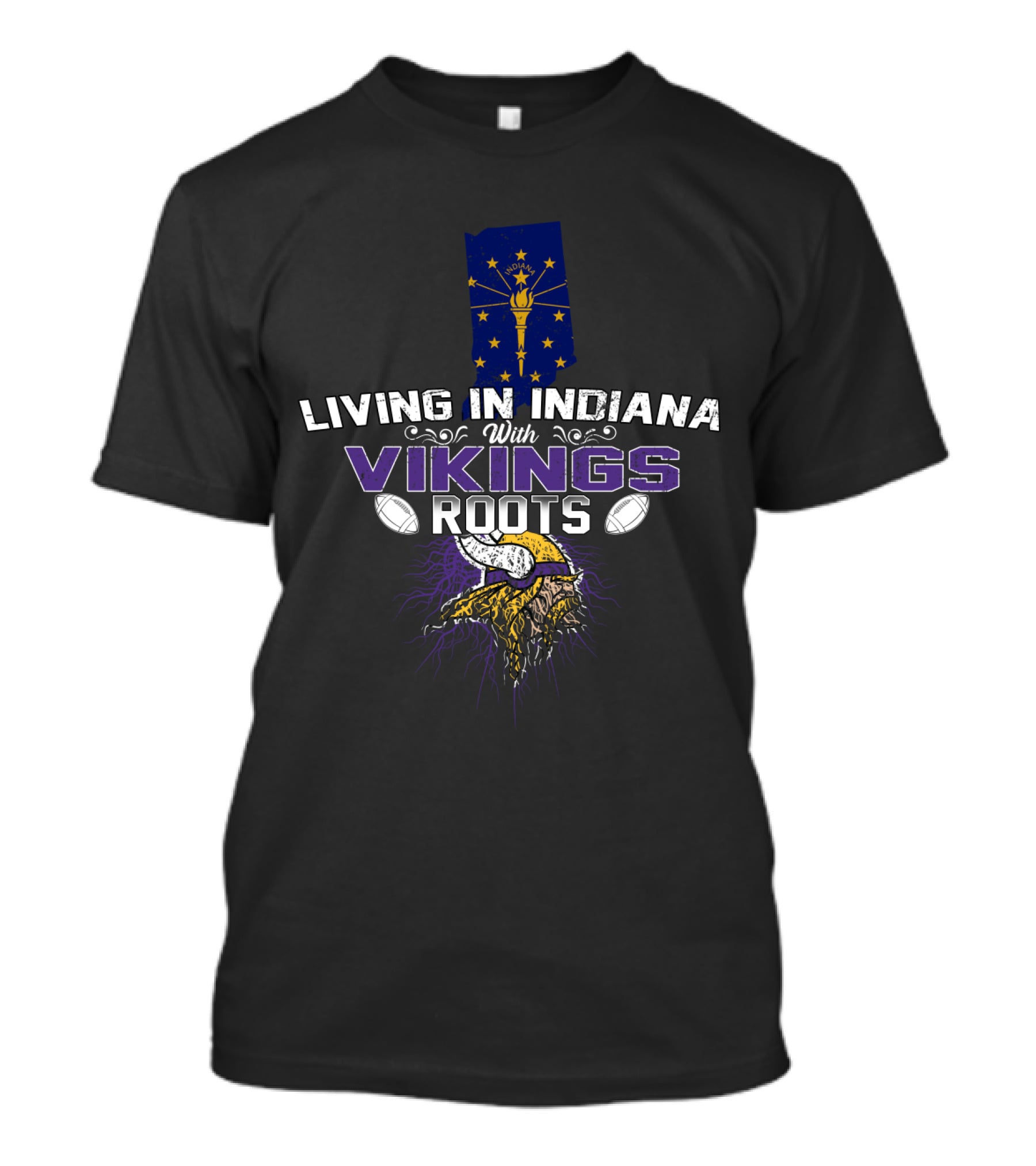 Living In Indiana With Vikings Roots Helmet And Indiana Flag Background T-Shirt