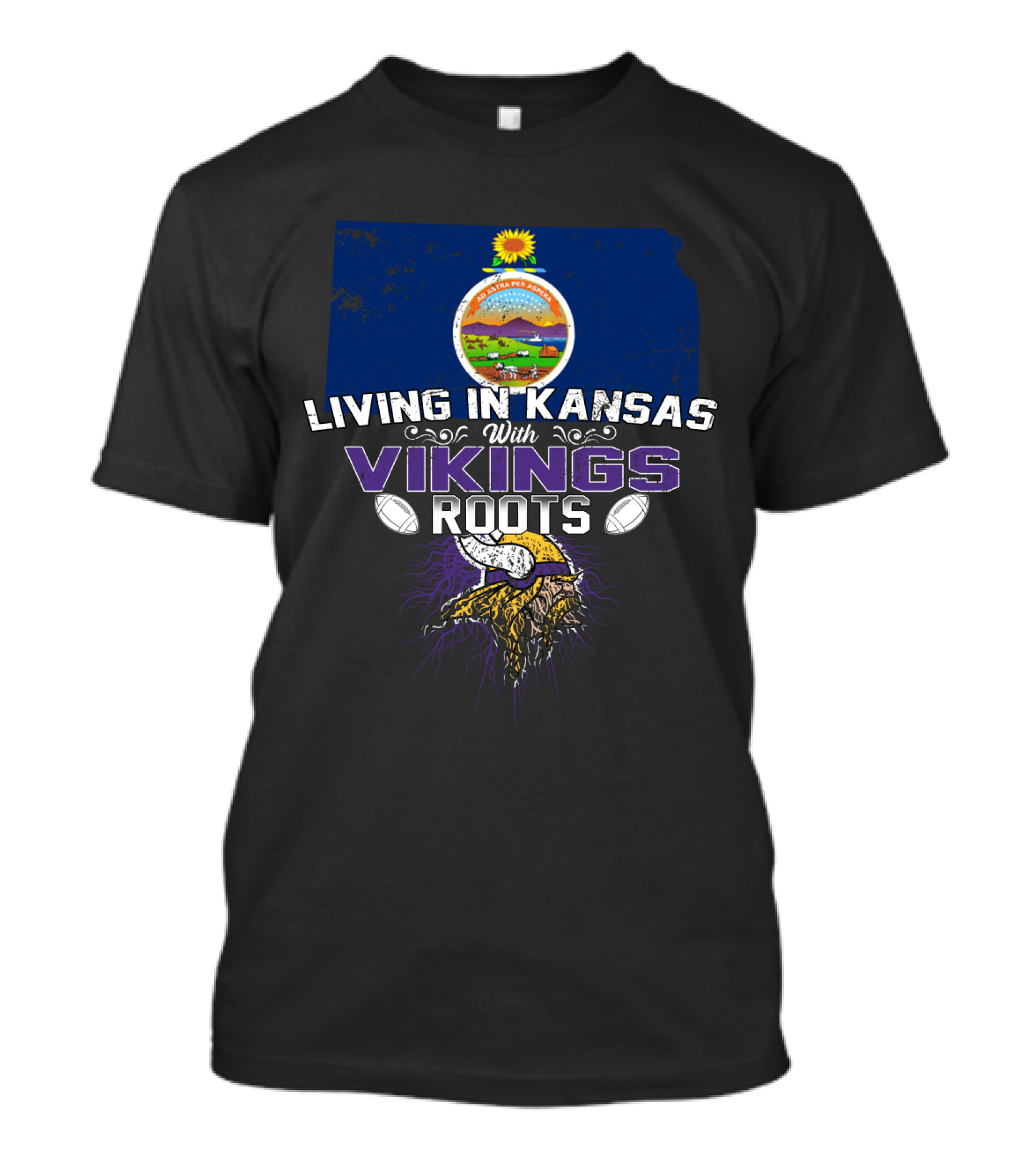 Living In Kansas With Vikings Roots State Seal Horned Helmet Football Connection T-Shirt