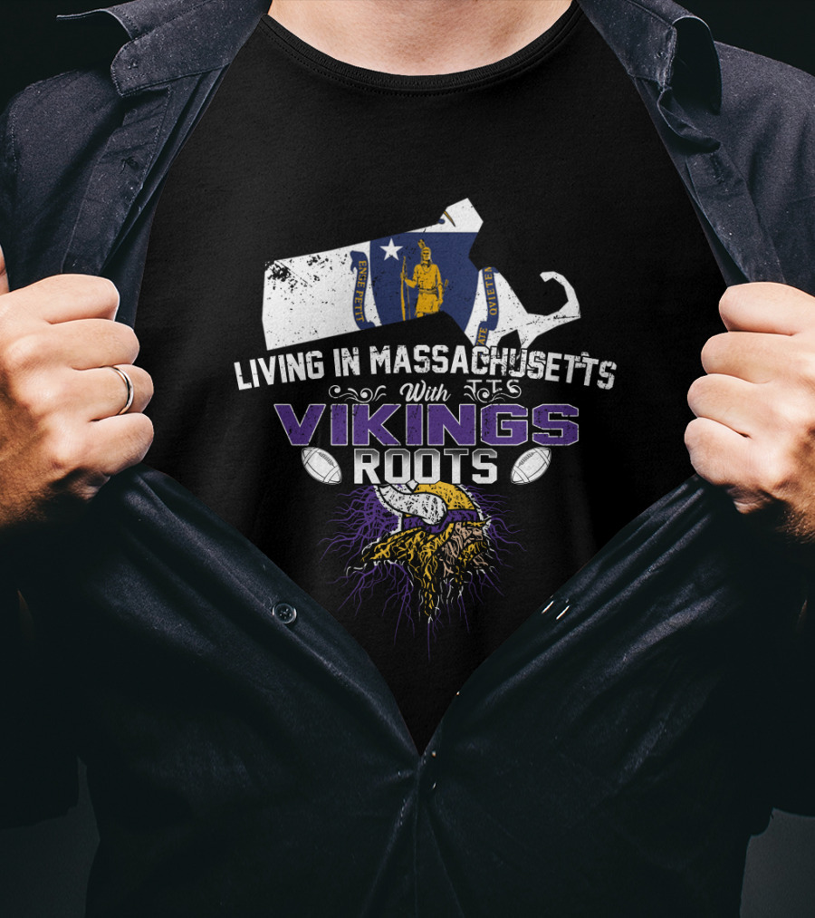 Living In Massachusetts With Vikings Roots Nordic Heritage Football Motif T-Shirt