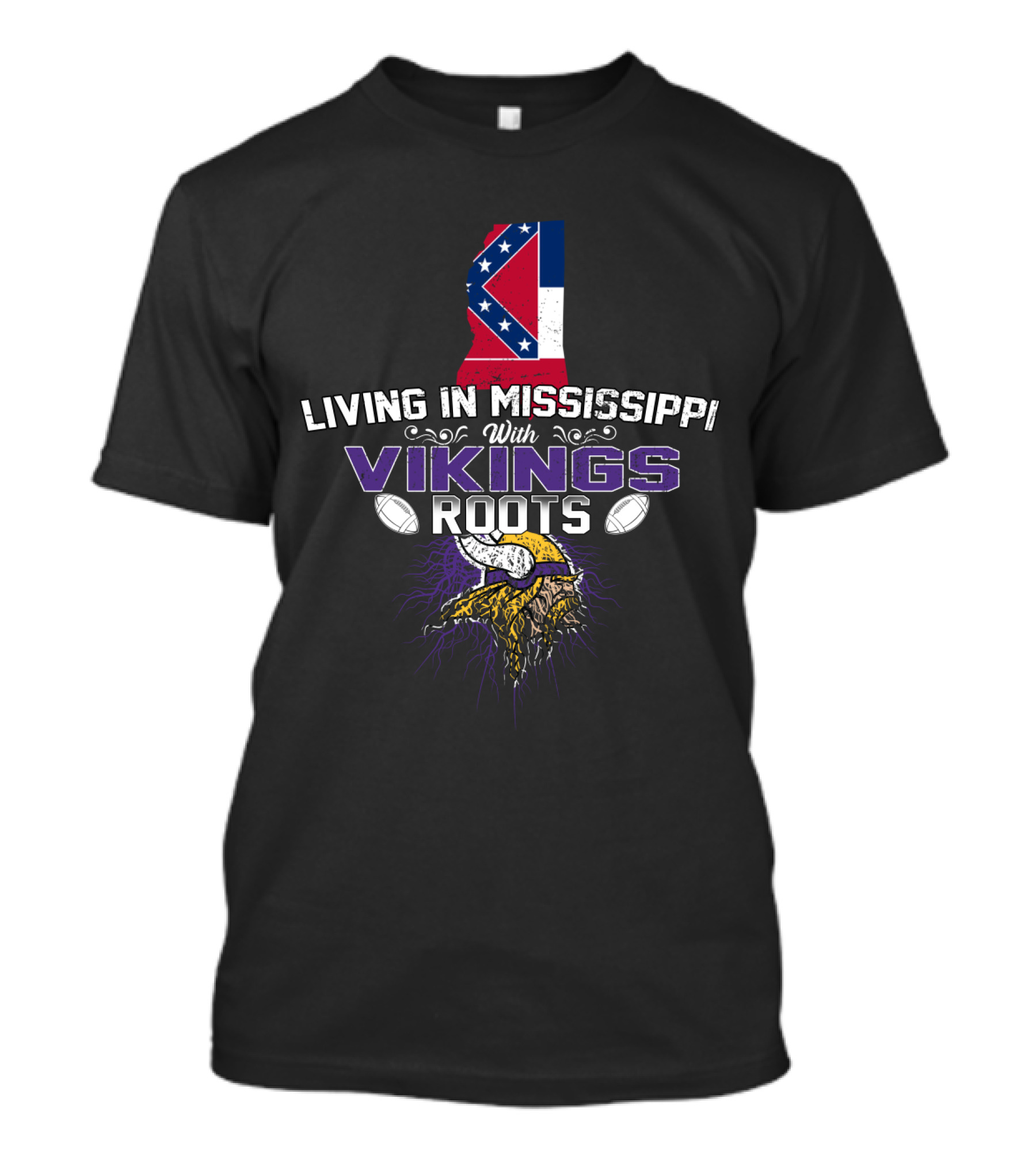 Living In Mississippi With Vikings Roots Featuring State Flag And Norse Symbolism T-Shirt