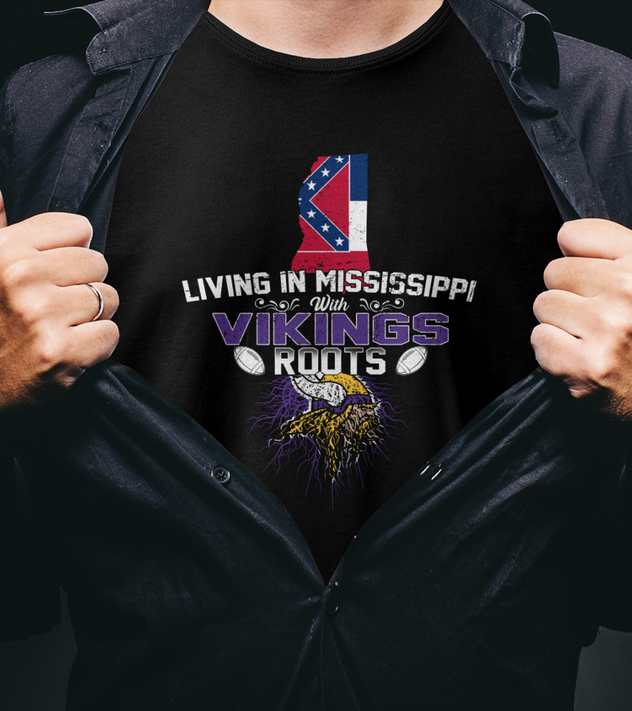 Living In Mississippi With Vikings Roots Featuring State Flag And Norse Symbolism T-Shirt