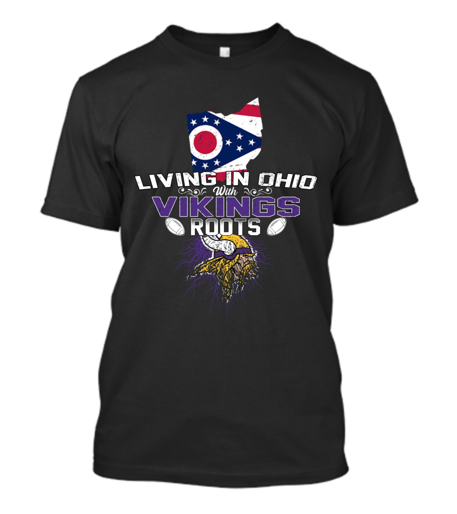 Living In Ohio With Vikings Roots Ohio Flag Map And Viking Helmet With Footballs Elements T-Shirt