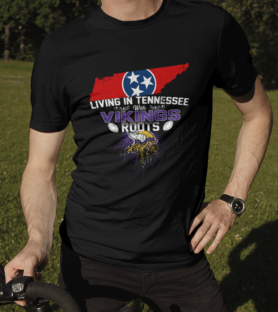Living In Tennessee With Vikings Roots Tennessee Flag Viking Helmet Football T-Shirt