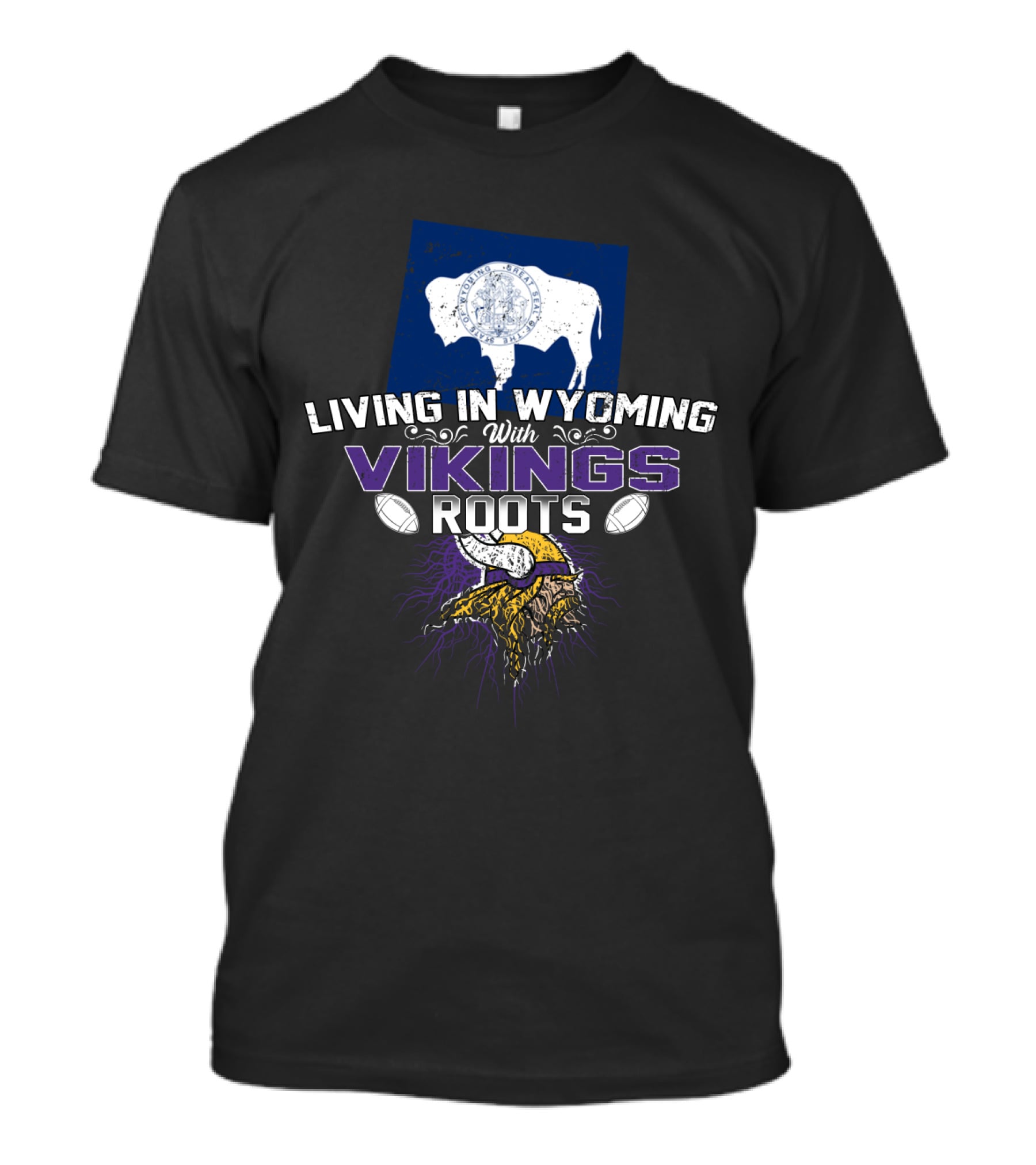 Living In Wyoming With Vikings Roots Buffalo And Norse Helmet Motif T-Shirt