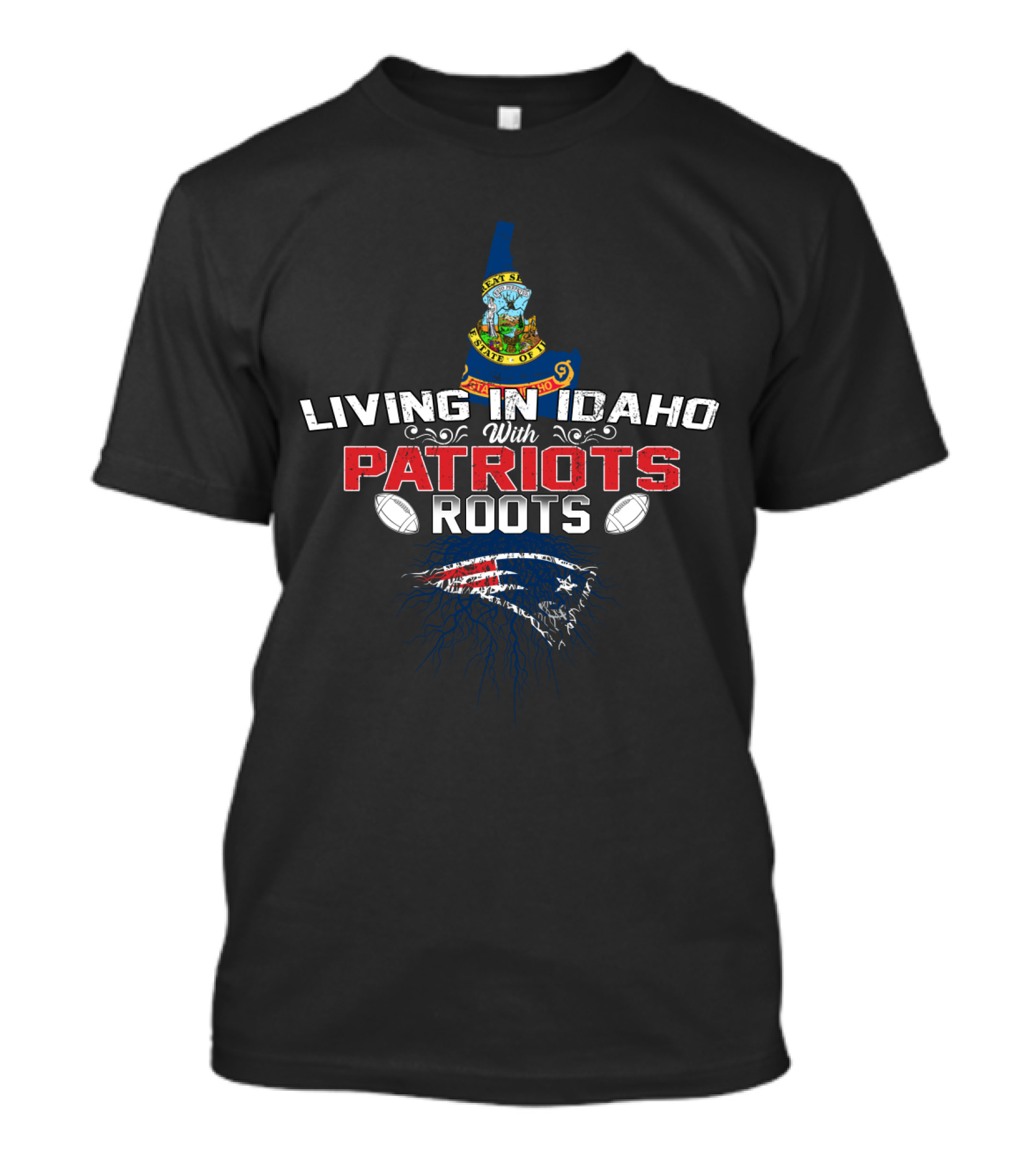 Living In Idaho With Patriots Roots Football Logo And Idaho State Seal Connection T-Shirt
