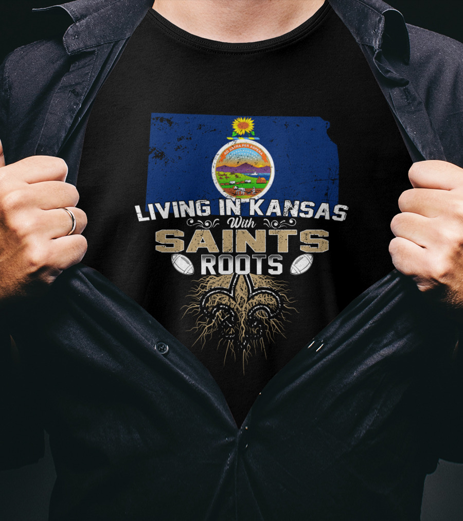 Living In Kansas With Saints Roots Kansas Map State Seal Fleur De Lis Football Elements T-Shirt