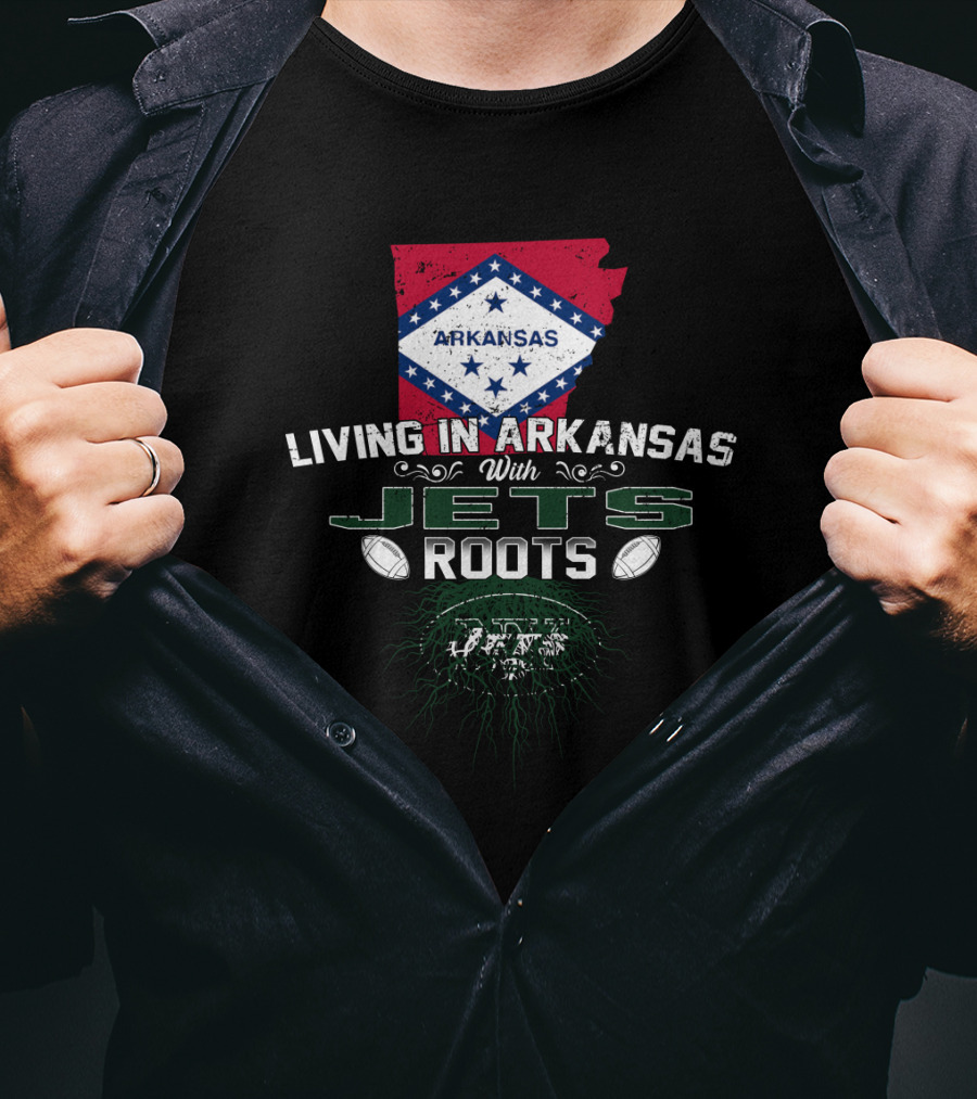 Living In Arkansas With Jets Football Roots And Arkansas Flag Elements T-Shirt