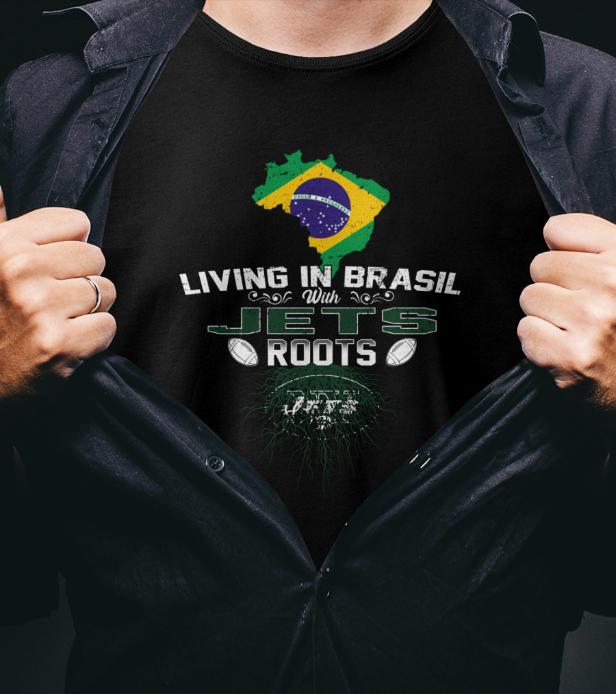 Living In Brasil With New York Jets Roots Flag Map T-Shirt