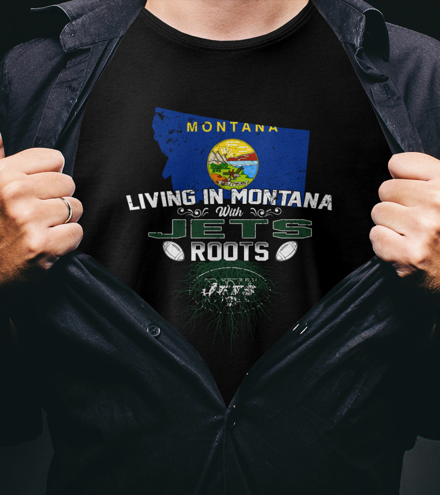 Living In Montana With Jets Roots Montana State Flag Jets Logo Footballs T-Shirt