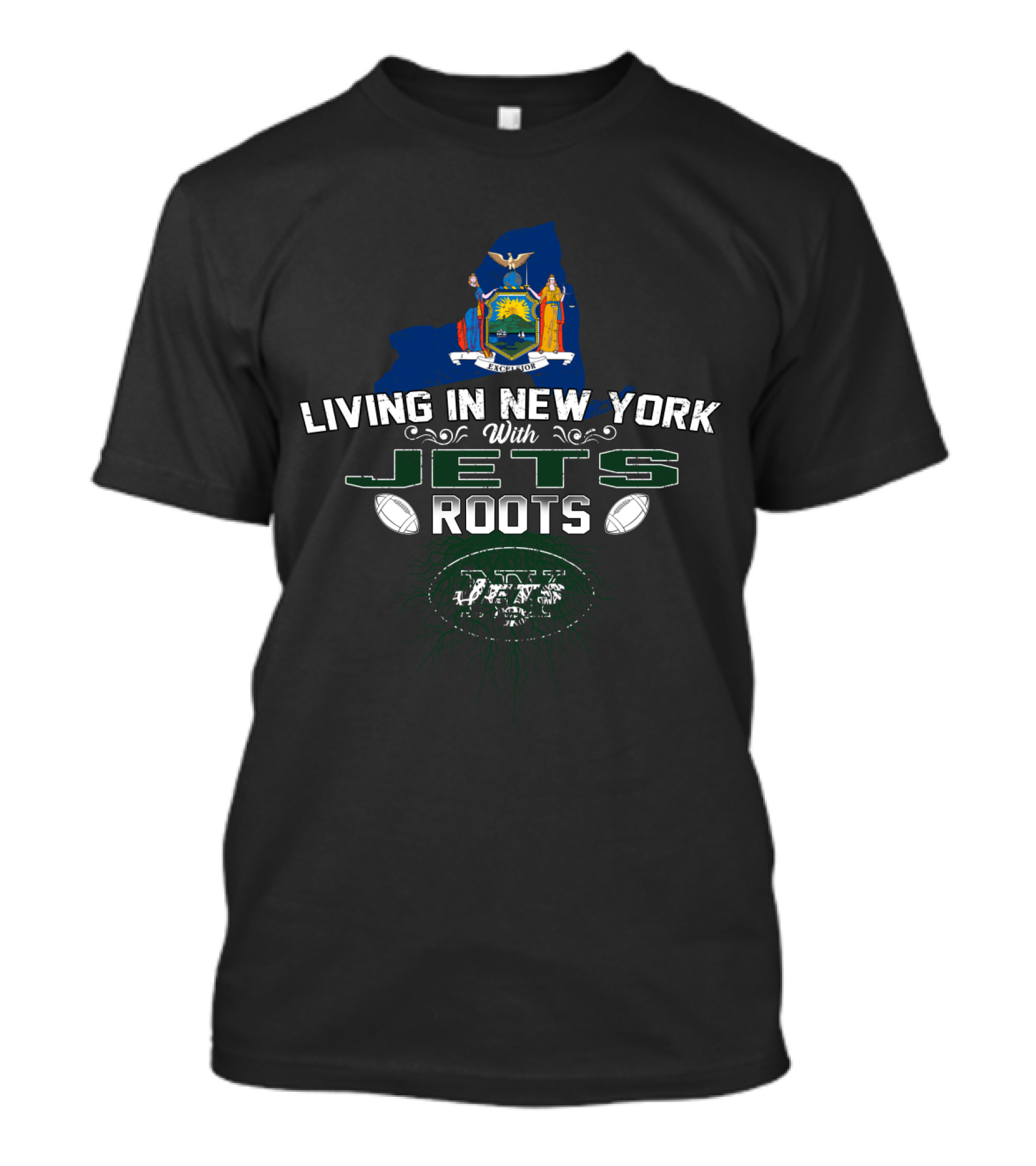 Living In New York With Jets Roots New York State Map Football Spirit T-Shirt
