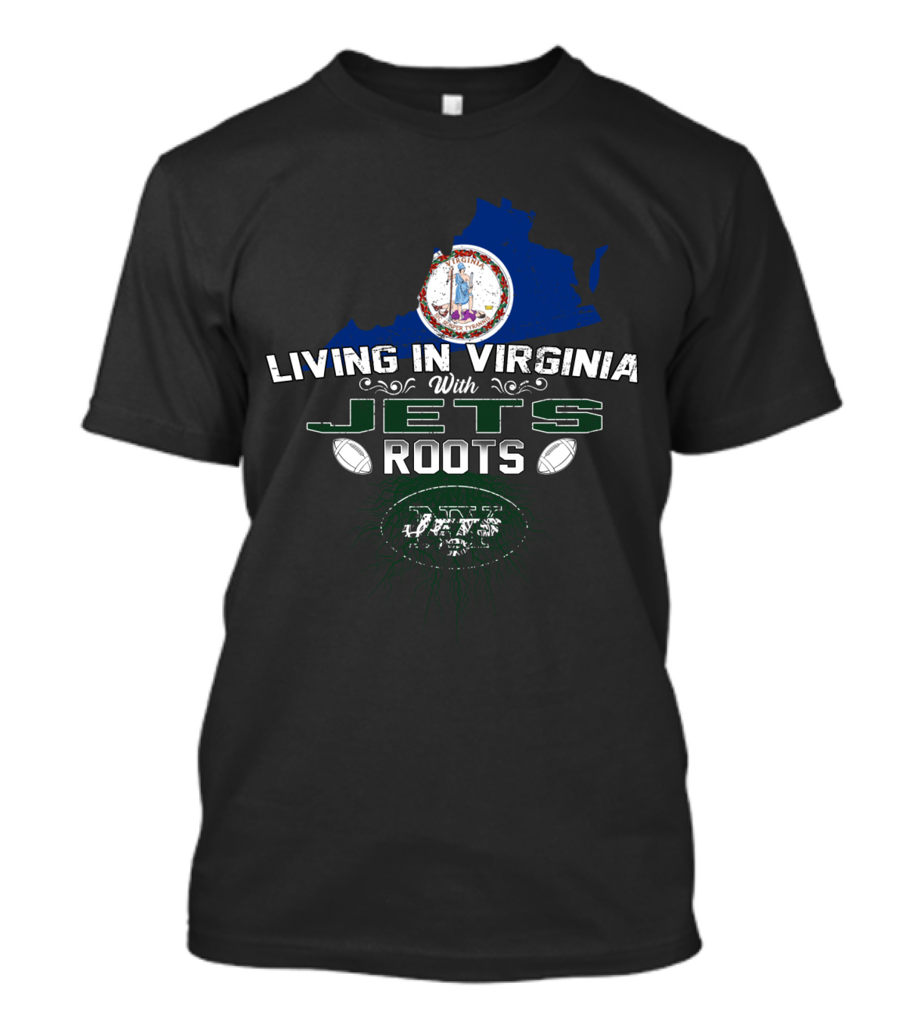 Living In Virginia With New York Jets Roots And Virginia State Seal T-Shirt