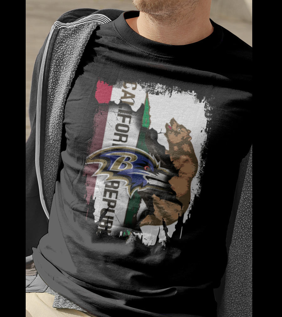 California Republic Bear And Baltimore Ravens Logo Fusion T-Shirt