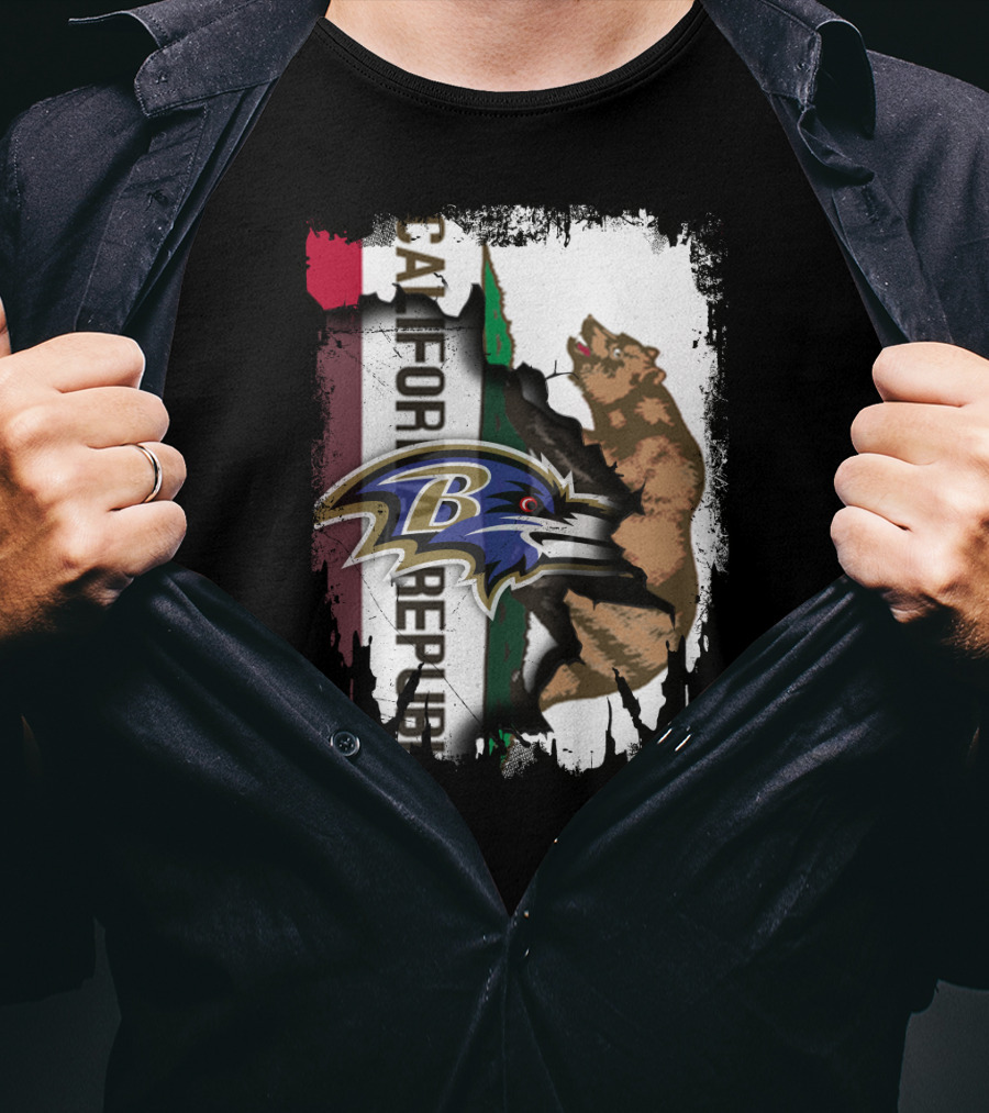 California Republic Bear And Baltimore Ravens Logo Fusion T-Shirt