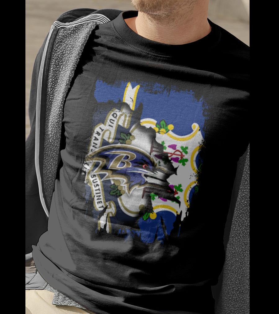 Connecticut State Flag And Baltimore Ravens Logo Fusion T-Shirt
