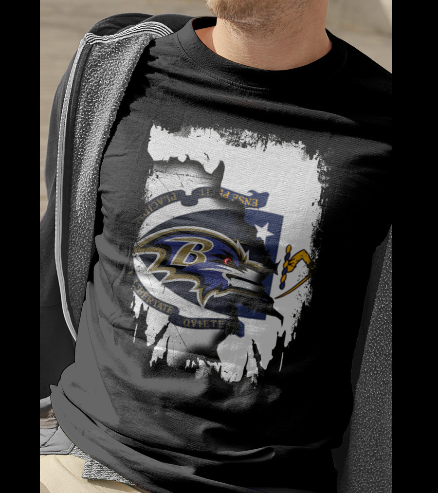 Massachusetts Flag Rip With Baltimore Ravens T-Shirt