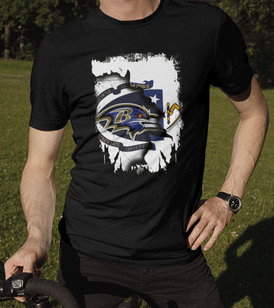 Massachusetts Flag Rip With Baltimore Ravens T-Shirt