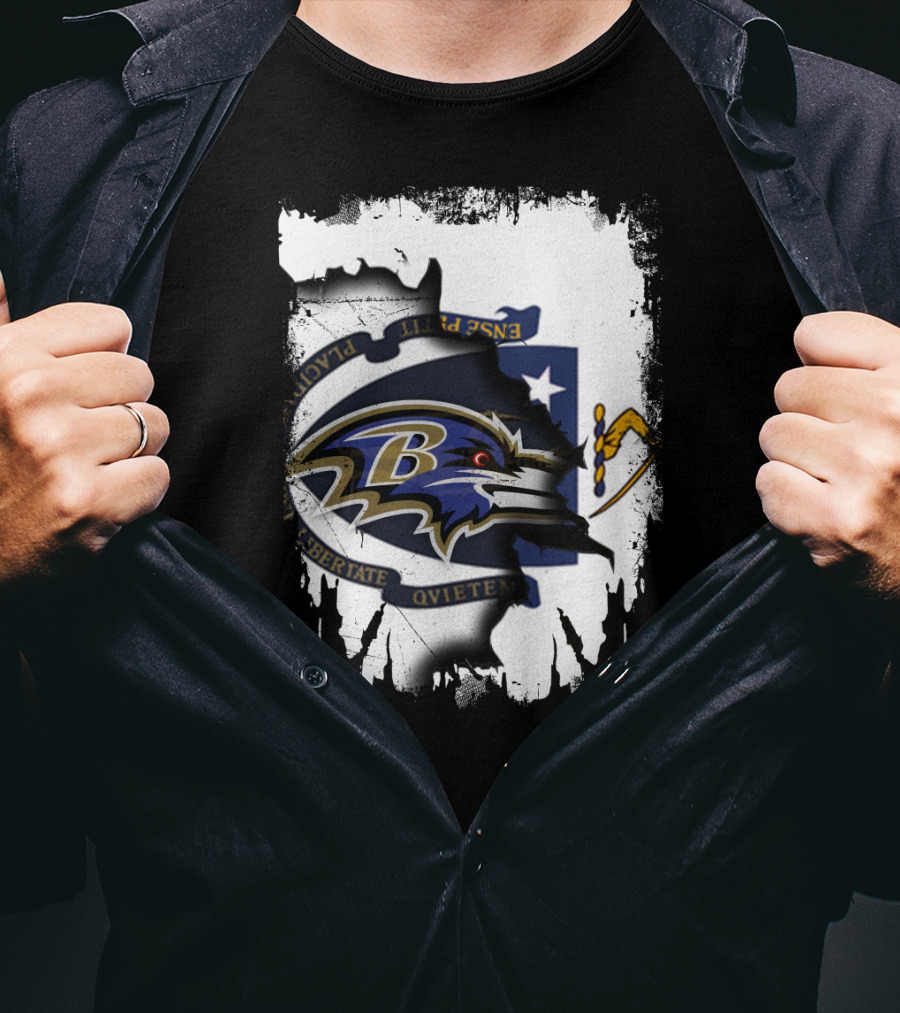 Massachusetts Flag Rip With Baltimore Ravens T-Shirt