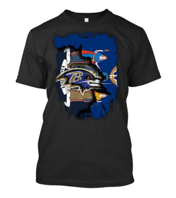 New York State Flag With Baltimore Ravens Logo Collaboration T-Shirt