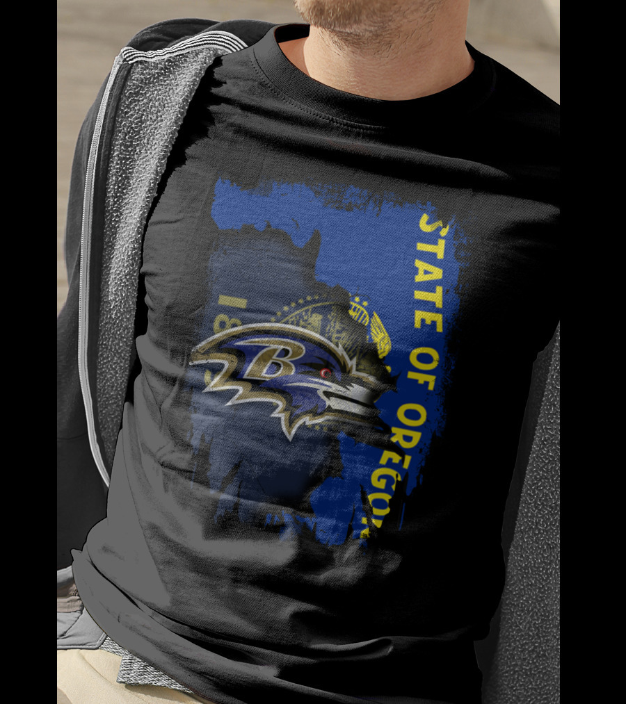 State Of Oregon With Baltimore Ravens Logo Overlay T-Shirt