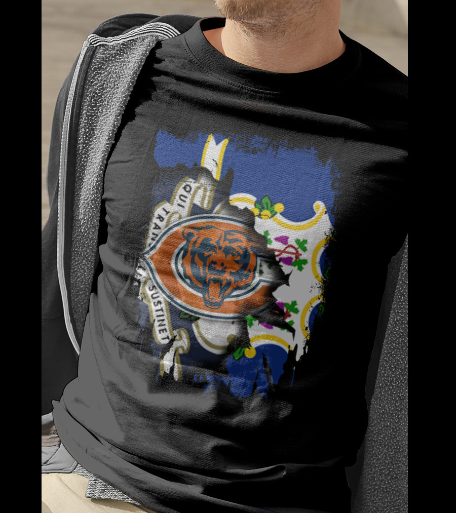 Connecticut State Flag Blended With Chicago Bears T-Shirt
